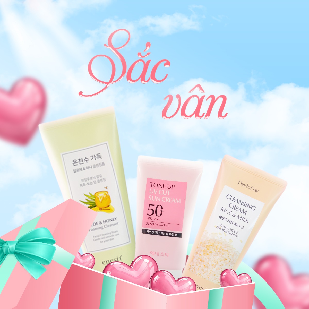 Set Quà Tặng 8/3 Enesti Sắc Vân – Combo Làm Đẹp 3 Bước (Kem Chống Nắng + Sữa Rửa Mặt + Kem tẩy trang)